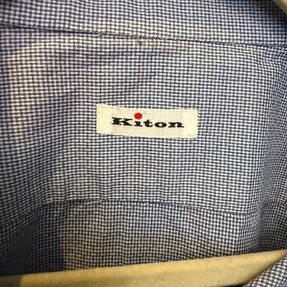 Kiton Men's Designer Button Down Check Blue White Shirt 18 x 45 - Picture 3 of 6